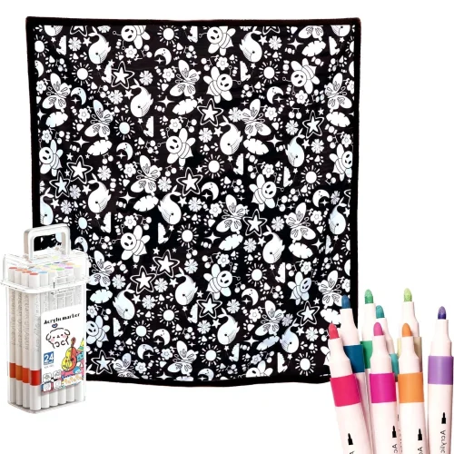 DIY Coloring Blanket for Adults with 24 Washable Markers, 50x60 Inch Soft Fuzzy Velvet Blanket