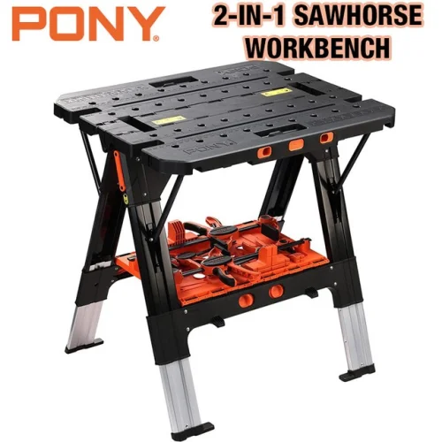 Pony 2-in-1 Portable Work Bench with 4pc Clamp, 4pc Bench Dog, and 2pc Safety Strap Set