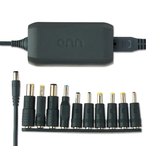 onn 65W Laptop Charger with 10 Interchangeable Tips, 10ft Power Cord, for HP, Dell, Lenovo, Grey
