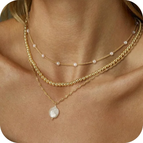 GOSFRY Layered Necklace for Women Dainty 14K Gold-Plated O-Chain Bead Rope Flat Bead Pearl Jewelry