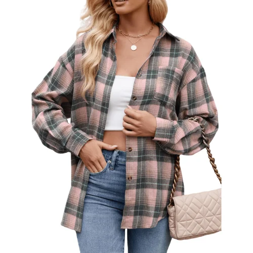 MOSHU Flannel Shirts for Women Casual Plaid Long Sleeve Button Down Tops with Curved Hem