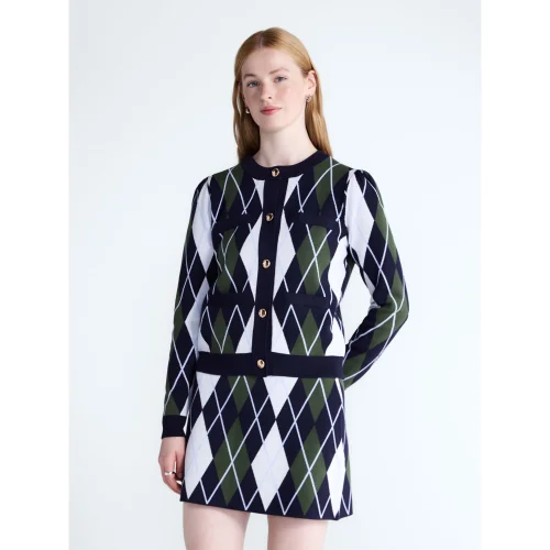 Free Assembly Women's and Women's Plus Argyle Cardigan Sweater with Puff Sleeves, Midweight