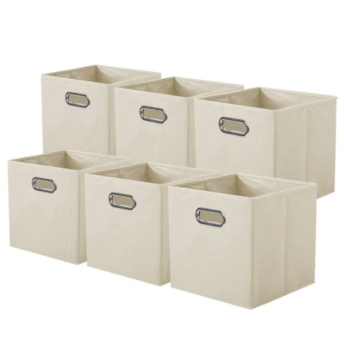 6 Pack PinkSheep Collapsible Fabric Cube Storage Bins, 10.5" x 10.5" x 11" Organizer Bins, Beige