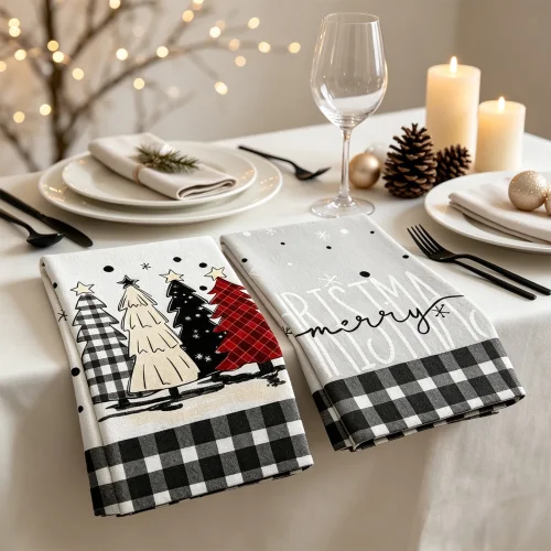 2-Pack Trovenix Christmas Kitchen Towels Winter Xmas Tree Reindeer Decorative Holiday Tea Towels