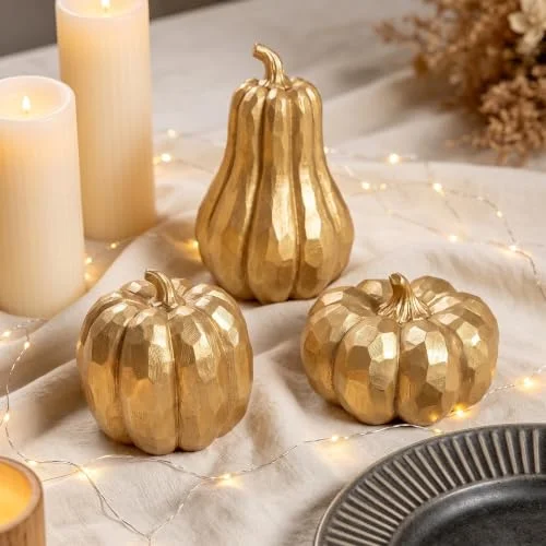 3Pcs Gold Resin Pumpkin Figurines, Decorative Fall Table Centerpiece for Thanksgiving and Halloween