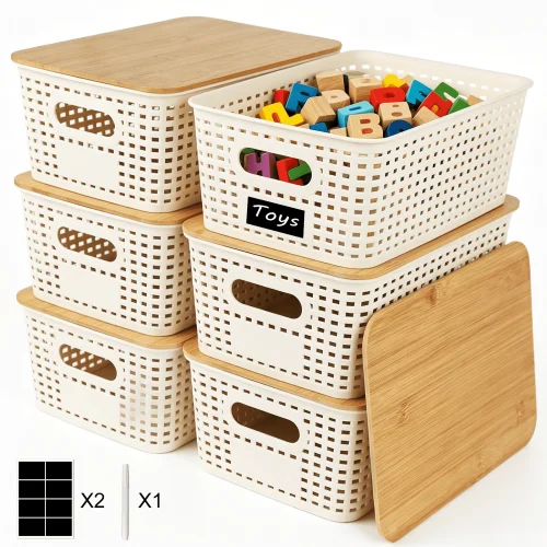 6 Pack Stackable Plastic Storage Baskets with Bamboo Lids, Includes Labels and Pen for Organization