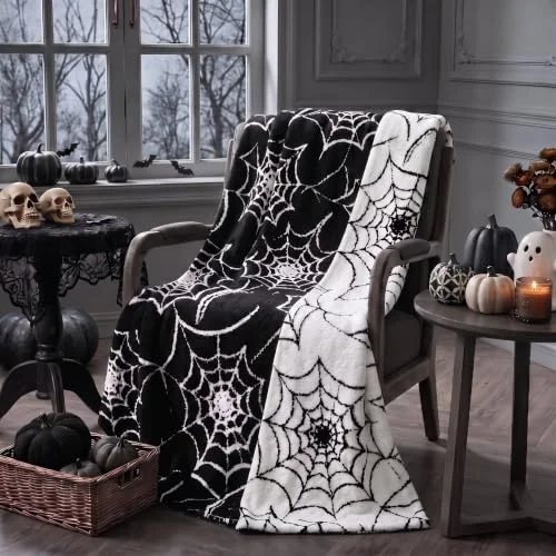 Hillsuren Halloween Gothic Spider Web Reversible Knit Throw Blanket, 50 x 60 Inch, Soft Plush Goth