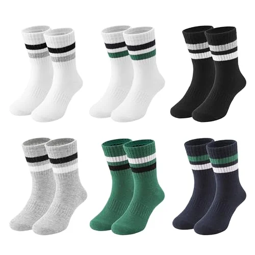 Fiveluck Boys Crew Socks 6 Pairs Cotton School Socks, Twin Stripes, 9-14Y | Multiple kids sizes, black white gray blue brown colors, soft breathable cotton, stretch cuff for school daily wear