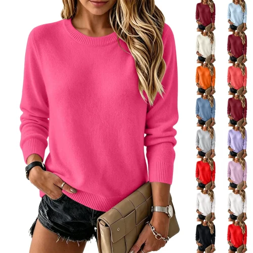 Resicozy Womens Sweater Crewneck Long Sleeve Tops Fashion Clothing Soft Knit Pullover Lightweight Business Casual Fashion Clothing Hot Pink 2XL