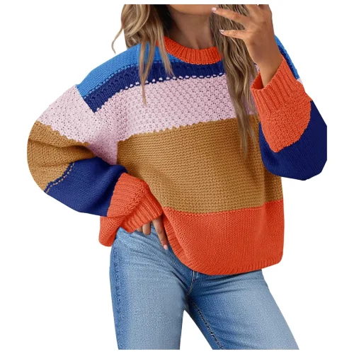 zaveiop Womens Color Block Cropped Sweater 2025 Winter Trendy Casual Oversized Y2k Striped Pullover