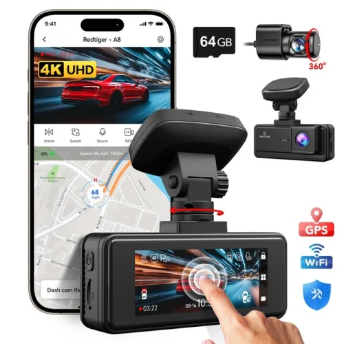 REDTIGER A8 4K Dash Cam Front and Rear with 64GB Card, Touch Screen, and Loop Recording Features