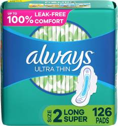 Always Ultra Thin, Feminine Pads For Women, Size 2 Long Super Absorbency, With Wings, Unscented, 126 Count