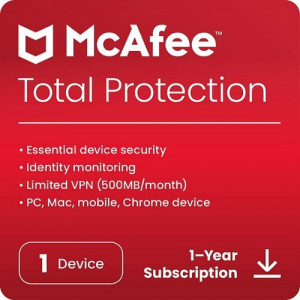 McAfee - Total Protection (1 Device) Antivirus Internet Security Software + VPN + ID Monitoring (1 Year Subscription) - Android, Apple iOS, Mac OS, Windows, Chrome [Digital]