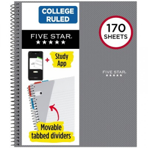 Five Star 170 Sheets College Ruled Notebook Feature Rich Gray