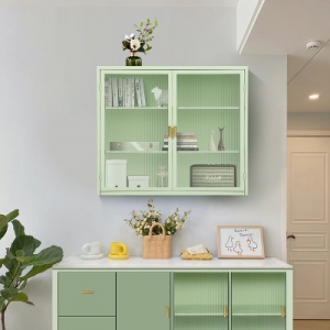 27.56" Modern 2 Glass Door Wall Cabinet with Triple Tier Storage, Mint Green - ModernLuxe