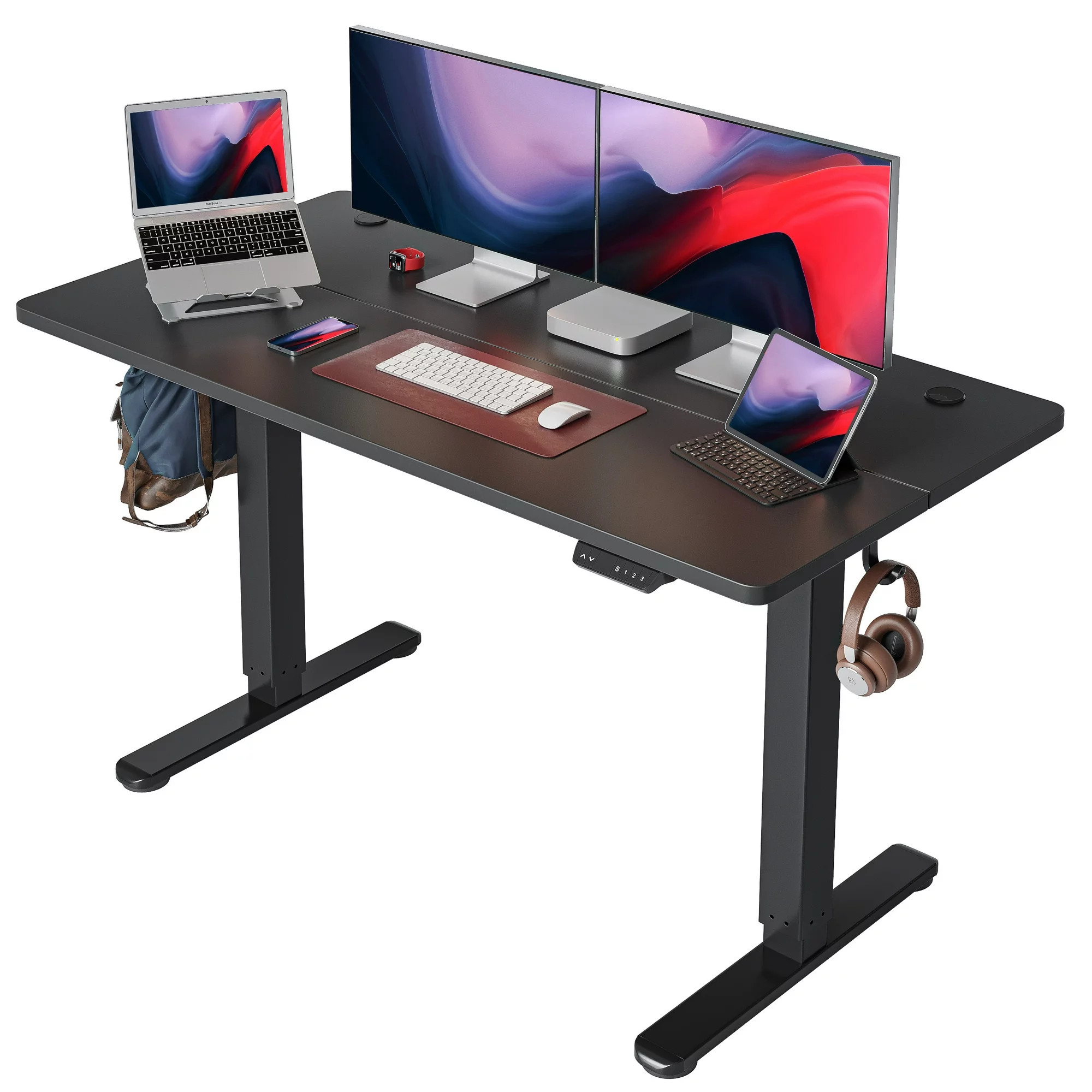 FEZIBO 55" Electric Height Adjustable Standing Desk - Sit Stand Home Office Desk with Splice Board, Black Frame/Black Top