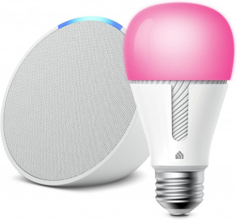 Echo Pop in Glacier White bundle with TP-Link Kasa Smart Color Bulb