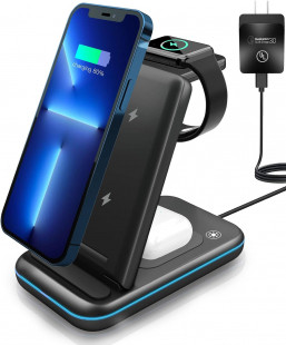 MSTJRY 3-in-1 Wireless Charger: Fast Charging for iPhone 14/13/12/11, Apple Watch Ultra 8/7/6/5, AirPods 3/2/Pro (Adapter Included)