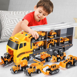 TEMI Die-cast Construction Car Carrier Toy Set with Play Mat - Truck Alloy Metal for 3-9-Year-Old Boys and Girls
