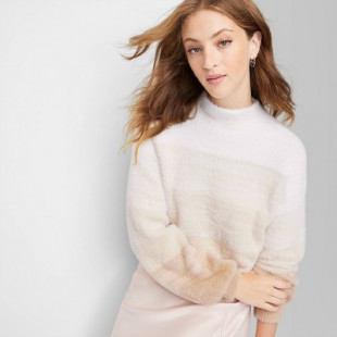 Women's Mock Turtleneck Fuzzy Boxy Pullover Sweater - Wild Fable™ Neutral Ombre M