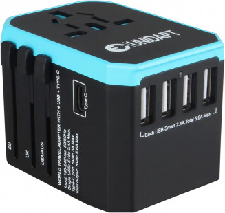 Unidapt Universal Travel Adapter: 5.6A Smart Power, 4 USB + 1 Type C, Outlet Converter for Worldwide Use (Type C/G/A/I)