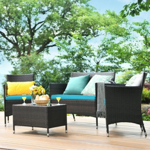 Gymax 4PCS Patio Rattan Conversation Furniture Set Outdoor Turquoise Cushioned