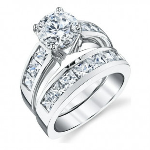 Women's Sterling Silver Bridal Set 2ct. Engagement Wedding Ring Simulated Diamond Round Princess-Cut Cubic Zirconia