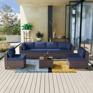 Gotland 7 Pieces Outdoor Patio Furniture Wicker Rattan Sectional Sofa Patio Conversation Sets,Navy Blue