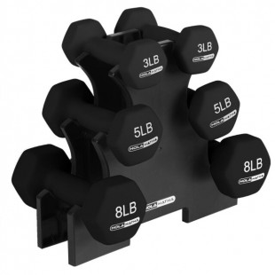 HolaHatha 3, 5, and 8 Pound Dumbbell Hand Weight Set with Storage Rack, Black