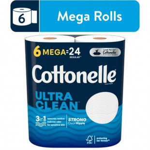 Cottonelle Ultra Clean Toilet Paper, 6 Mega Rolls, 312 Sheets per Roll (1,872 Total)