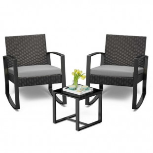 3 Pieces Wicker Patio Set Outdoor Chair Set with Glass Table Rattan Chair Modern Bistro Set for Porches and Patios, Grey Cushion