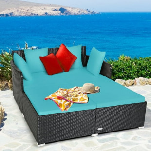 Costway Outdoor Patio Rattan Daybed Pillows Cushioned Sofa Furniture Turquoise
