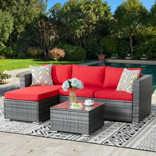 Walsunny 3 Piece Red Outdoor Furniture Sectional Sofa Patio Set with Silver Gray Rattan Wicker