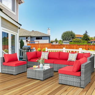 Walsunny 7 Piece Outdoor Patio Furniture Set, Wicker Outdoor Conversation Sectional Sofa Set Red