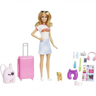 Barbie Doll and Accessories, 'Malibu' Travel Set with Puppy and 10+ Pieces Including Working Suitcase