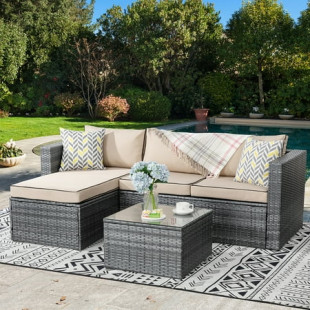 Walsunny 3 Piece Khaki Outdoor Furniture Sectional Sofa Patio Set with Silver Gray Rattan Wicker