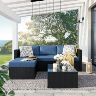 Walsunny 3 Piece Aegean Blue Outdoor Furniture Sectional Sofa Patio Set Black Rattan Wicker