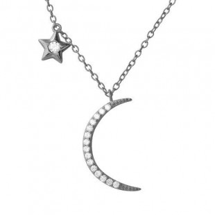 .925 Sterling Silver CZ Star & Crescent Moon Necklace
