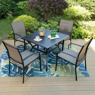 MF Studio 5-Piece Outdoor Patio Dining Set with Metal Steel Square Table & Textilene Chairs for 4-Person, Black&Brown