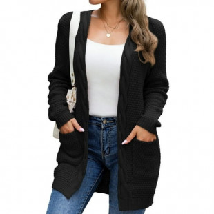 Mengpipi Women's Cardigan Sweater Loose Long Sleeve Open Front Knit Coat with Pockets, Black-XL(16-18)