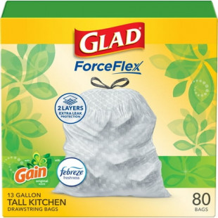 Glad ForceFlex Tall Kitchen Drawstring Trash Bags, 13 Gallon, Gain Original with Febreze Freshness, 80 Count