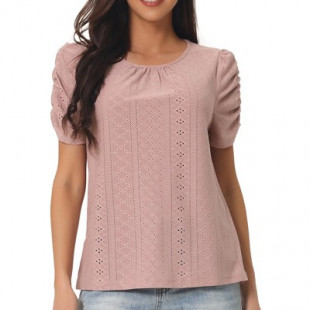 Seta T Women's Dressy Casual Crewneck Summer Ruched Short Sleeve Eyelet Tops Dusty Pink Medium