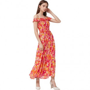 Anna-Kaci Women's Smocked Chest Ruffle Strap Floral Print Ruffle Hem Maxi Dress - Medium, Orange