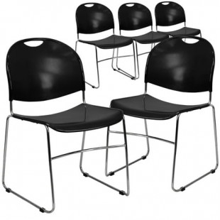 Flash Furniture 5 Pack HERCULES Series 880 lb. Capacity Black Ultra-Compact Stack Chair with Chrome Frame