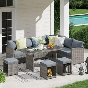 JOIVI 7 Pieces PE Rattan Wicker Dining 9 Sofa Set, Outdoor Patio Furniture, Gray