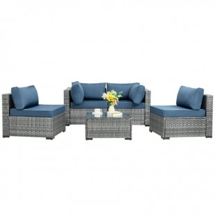 Walsunny 5 Pieces Patio Furniture Sets, Wicker Rattan Outdoor Sectional Sofa with Glass Table and Cushions Aegean Blue