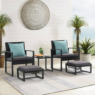 Orange-Casual 5-Piece Outdoor Furniture Set, Patio Steel Wicker Conversation Set, with Ottomans & Soft Washable Cushions, Grey