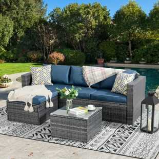 Walsunny 3 Piece Aegean Blue Outdoor Furniture Sectional Sofa Patio Set Silver Gray Rattan Wicker