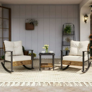 LAUSAINT HOME 3 Pieces Patio Outdoor Conversation Set with 2-Tier Coffee Table, PE Wicker Rocking Chairs with Beige Cushions