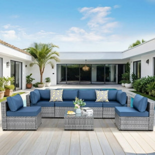 Walsunny 7 Piece Outdoor Patio Furniture Set, Sliver Rattan Wicker Outdoor Conversation Sectional Sofa Set Aegean Blue